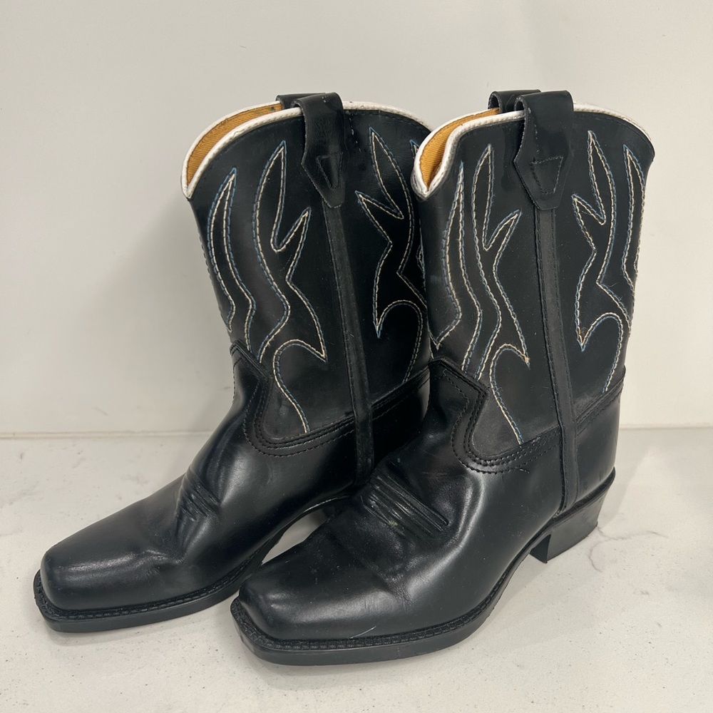 Kids Black Leather Cowboy Boots New Made in the USA Size 7
